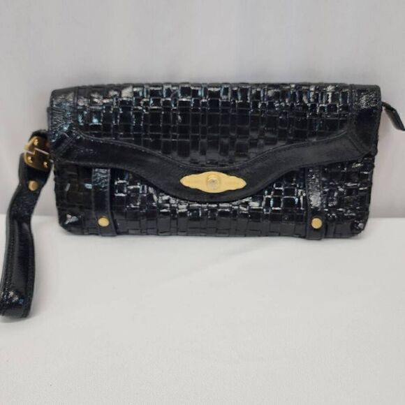 Elliott Lucca Black Woven Leather Clutch With Wrist Strap Women's Bag - Picture 1 of 11